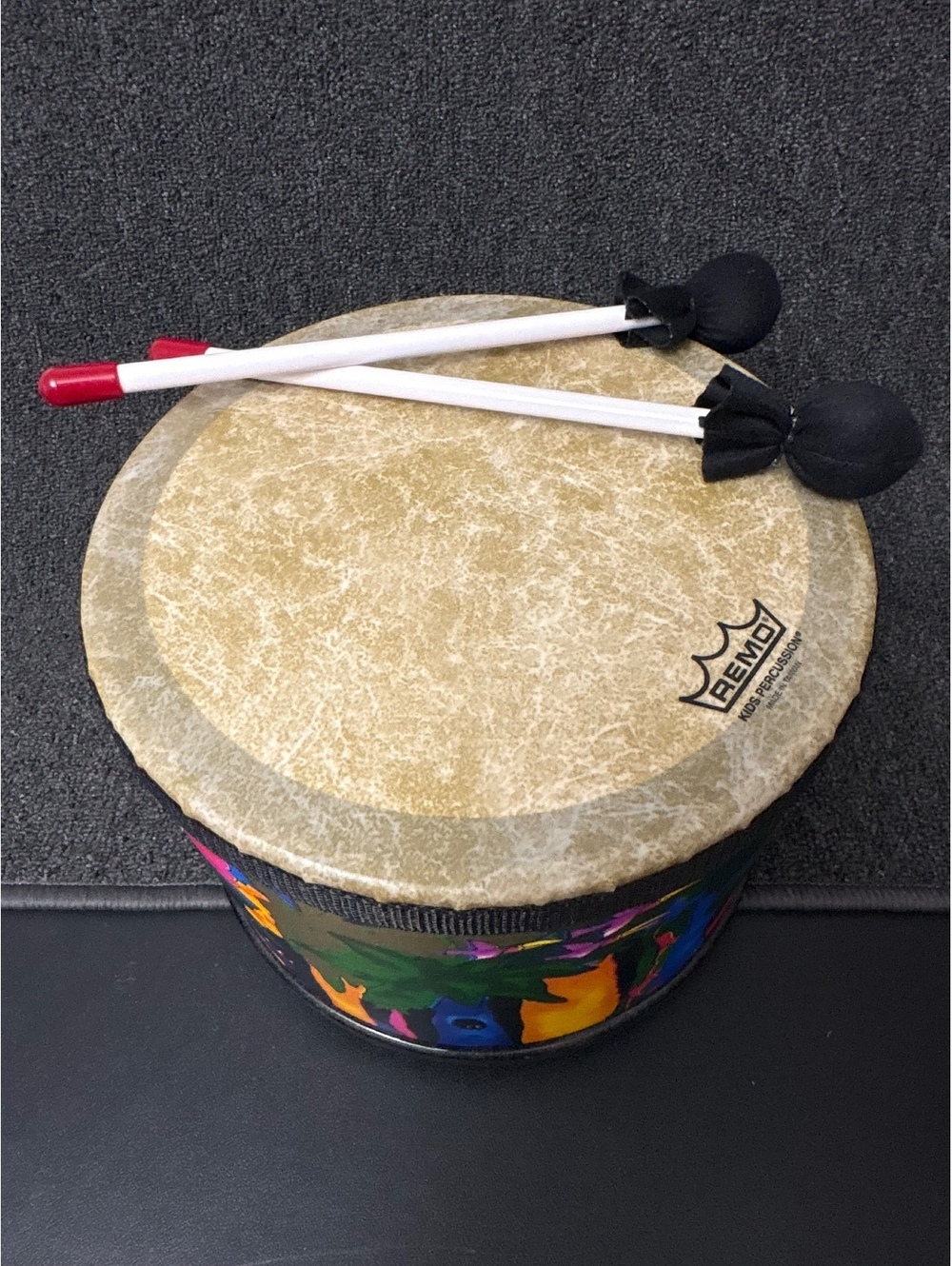 Remo Kids Percussion Hand Drum with Colorful Painted Body and Two Soft Mallets